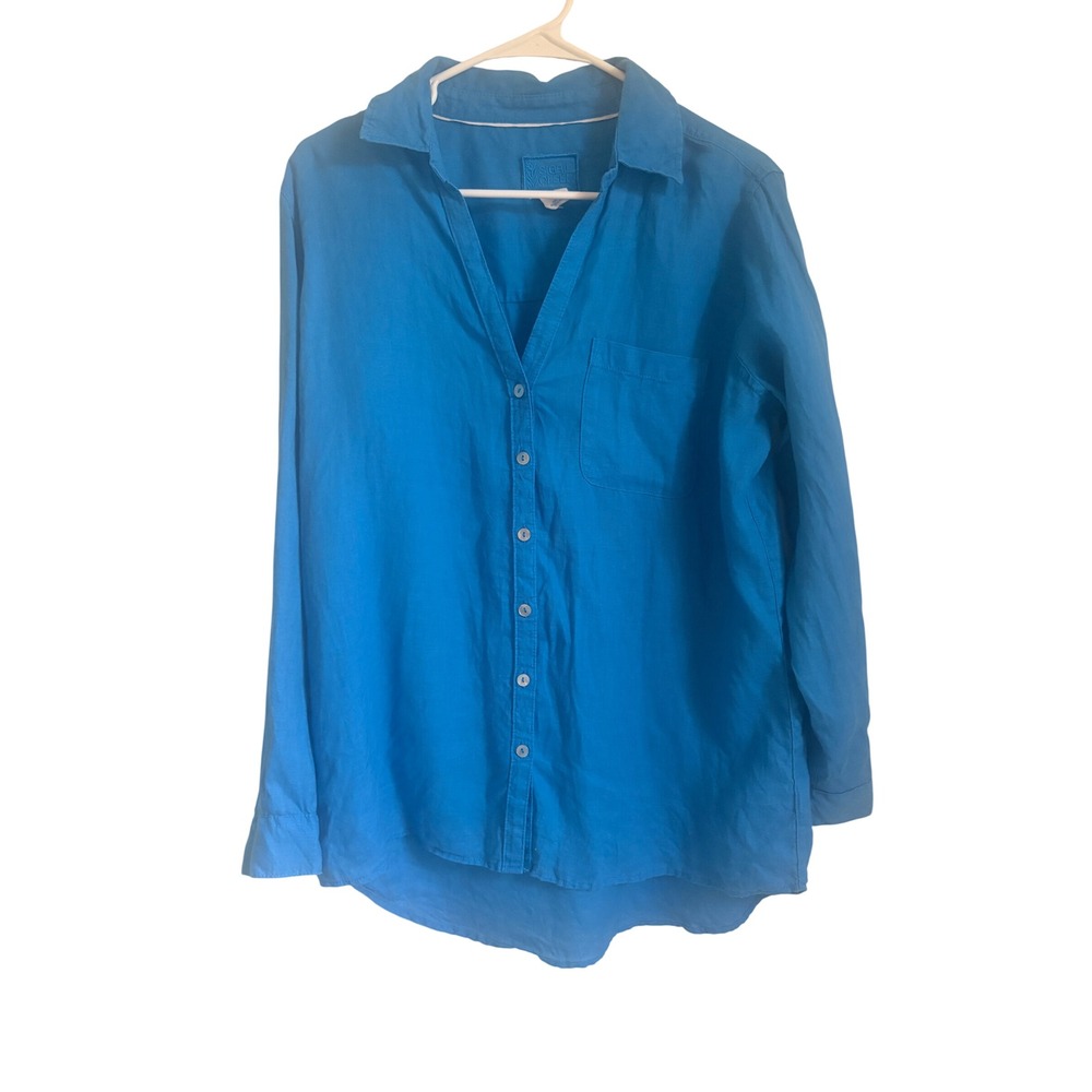 Sigrid Olsen Women's Blue 100% Linen Roll Tab Sleeve Button Down Shirt Size M